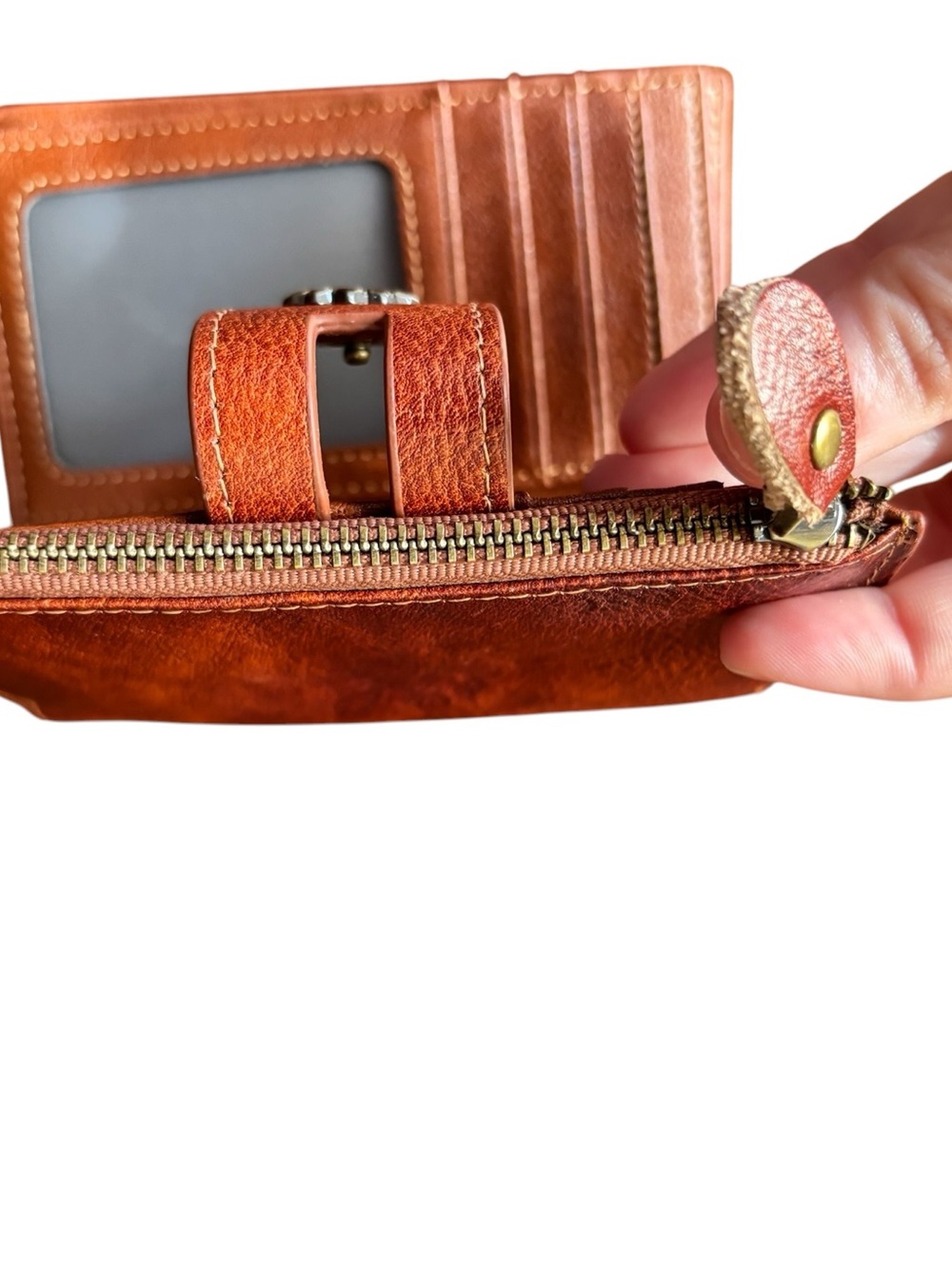 Brown Leather Wallet with Snap Flower Accent, oversized card storage - Picture 5 of 9